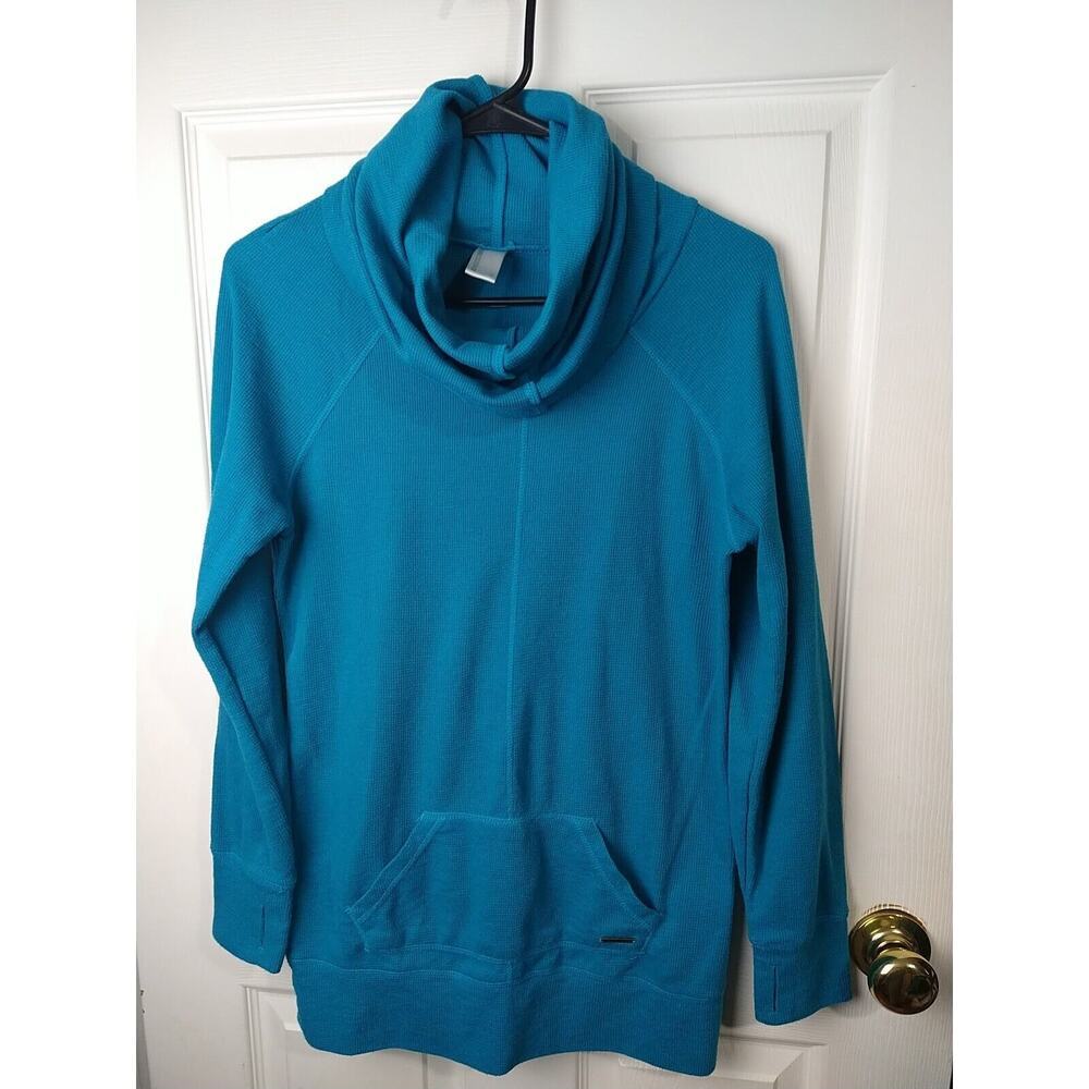 Mondetta Woman M Aqua Waffle Knit Cowl Neck Long Sleeve Thumb Hole Pullover